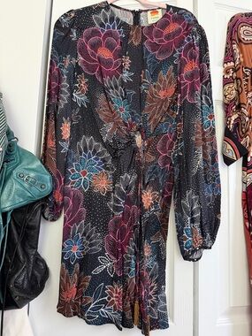 FARM Rio Black Floral Tie-Front Dress with Pink and Blue Blooms